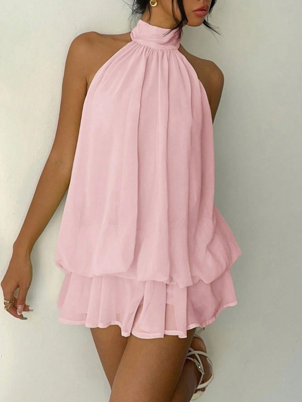 Baby Pink Casual Women's Elegant Halter Tie Mini Dress - Picture 7 of 7